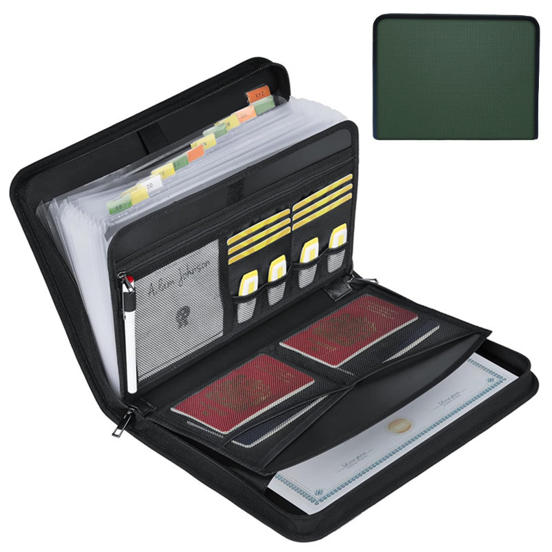 Expandable Accordion File Folder 13 Pockets - 耐熱性のある拡張式ファイルフォルダー。ロック付き、13ポケット、ジッパー付き。A4サイズの書類を整理できるアコーディオンバッグ。カラーラベル付き。